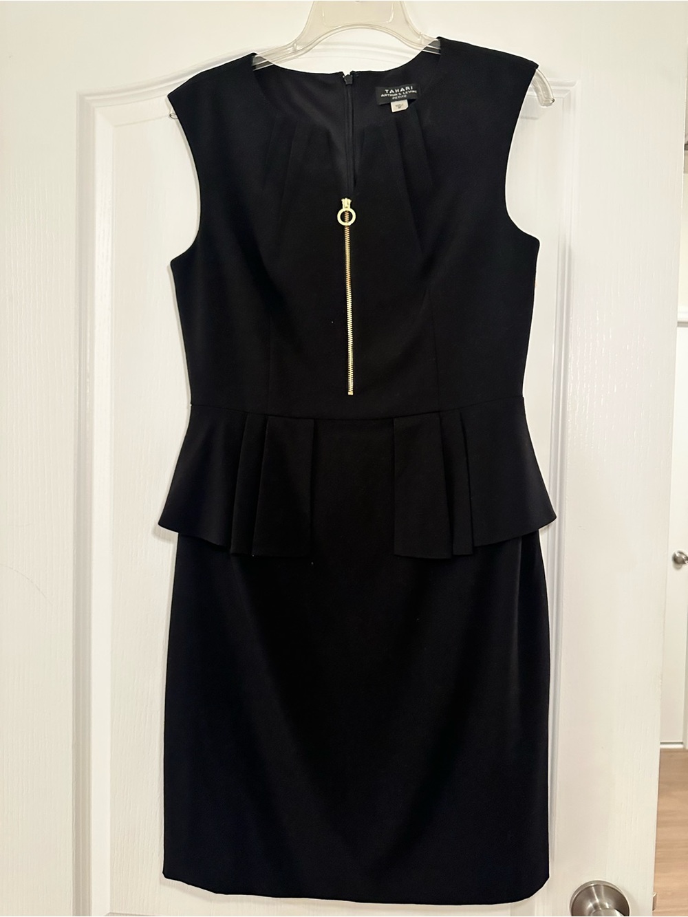 Tahari ASL Black Sleeveless Peplum Sheath Dress with Gold Zip Pull